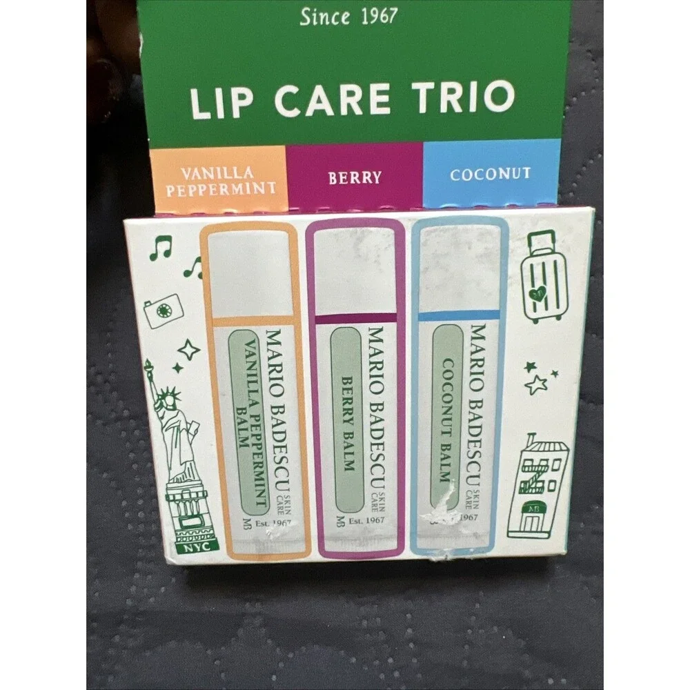 New Mario Badescu Lip Care 3 Lip Balms - Scents Vanilla Peppermint/Coconut/Berry